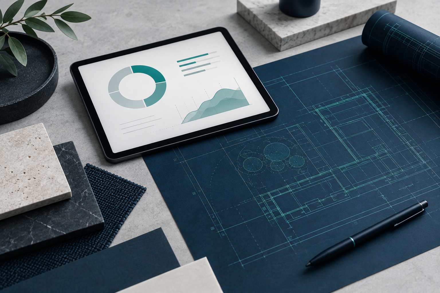 Illustrative technology planning workspace with architectural drawings and a tablet
